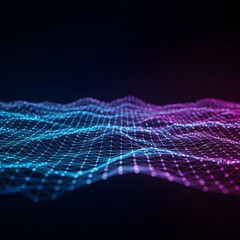 Futuristic digital landscape featuring a glowing wave of interconnected blue and purple nodes on a dark background, representing technology and data