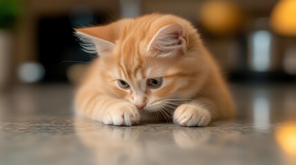 Obraz premium A curious orange kitten is playfully inspecting a surface, showcasing its inquisitive nature, This image is perfect for pet-related content, articles on animal behavior, or marketing for pet products