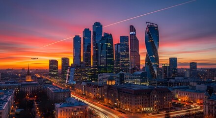 Vibrant Moscow City skyline at sunset with modern skyscrapers and glowing lights.