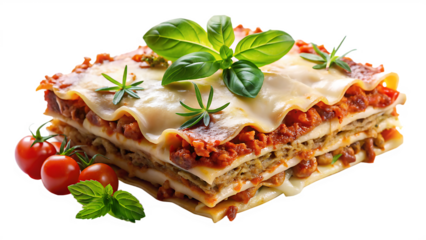 Savory homemade lasagna portion garnished with herbs on a bright white and transparent background