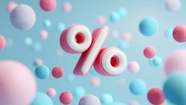 Pastel percentage sign surrounded by floating spheres