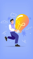 A creative man runs with a giant lightbulb, symbolizing a new idea, innovation, and a business solution. This energetic vector illustration represents a startup project, inspiration, and motivation.