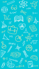 A vertical background pattern of education and school doodle icons. This creative hand-drawn vector set includes science, math, and art elements for a university poster or a back to school design.