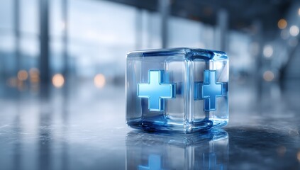 Transparent cube with medical symbols on a floor