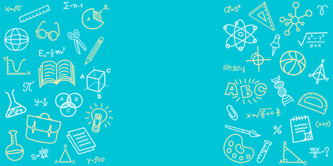 An education background with side borders made of hand-drawn school doodle icons. This creative vector template with a center copy space is perfect for a science poster or a back to school banner.