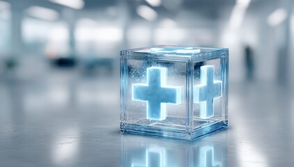 Transparent cube with glowing plus signs