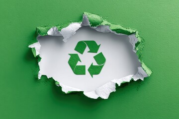 Ripped green paper reveals a recycling symbol