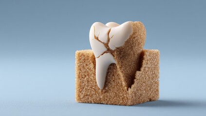 A tooth, cracked and decaying, sits atop a cube of brown sugar