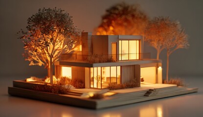 Miniature model home lit by warm light