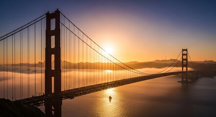 Spectacular sunrise over the iconic Golden Gate Bridge in San Francisco.