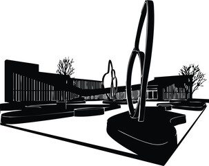 A striking black and white vector illustration of a modern building with abstract sculptures in the foreground, the design is clean and minimalist
