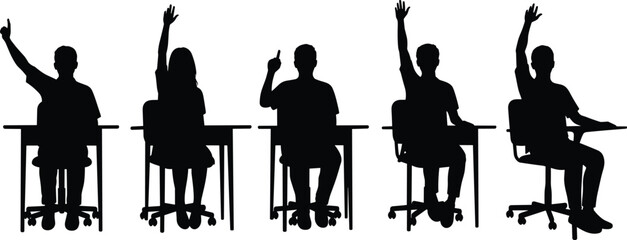 Students silhouettes in classroom, sitting at desks, raising hands, school learning concept, education vector illustration, children answering teacher questions