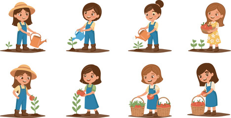 Cartoon girls gardening, watering plants, harvesting vegetables, outdoor activity, kids farming, nature care, spring garden, eco-friendly lifestyle illustration