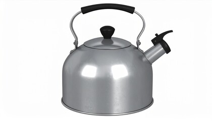Fototapeta premium Silver Kettle with Black Handle and Spout on a White Background