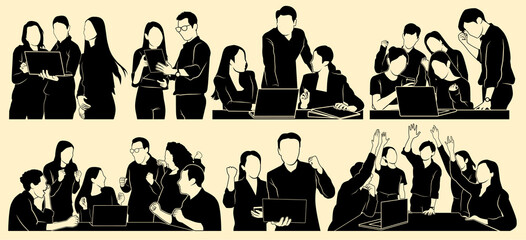 Silhouettes of business teams collaborating, discussing, and brainstorming around laptops, representing teamwork, office culture, and group communication.