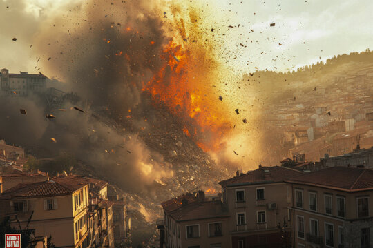 Volcanic eruption engulfs the city with ash and fire as buildings stand witness to the fierce power of nature at sunset