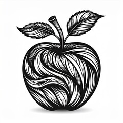 Intricate Apple Illustration with Floral and Leaf Details in Black and White