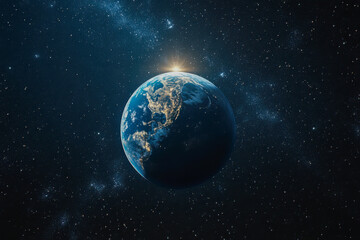 View of Earth from space showing illuminated areas by sunrise against a backdrop of stars and galaxies, highlighting the planet's beauty