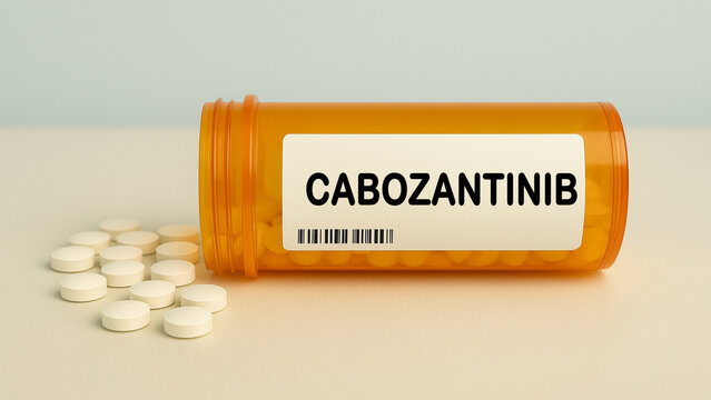 Box of CABOZANTINIB tablets on a hospital pharmacy table used to treat kidney and thyroid cancer a tyrosine kinase inhibitor.