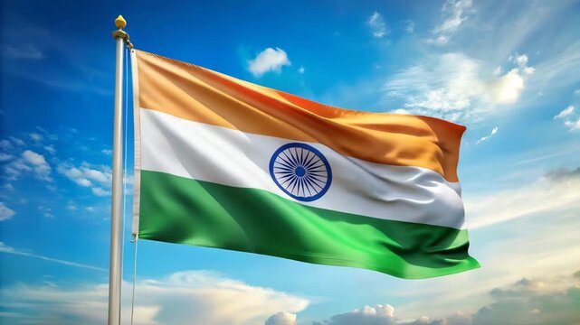 The national flag of india waving proudly against a vibrant blue sky with scattered clouds,4K video