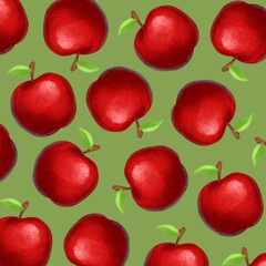 Seamless Pattern of Ripe Red Apples on a Green Background