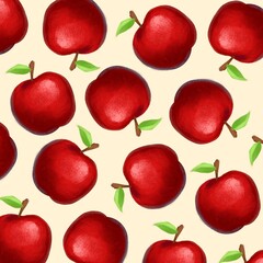 Hand-drawn repeating pattern of fresh red apples with green leaves