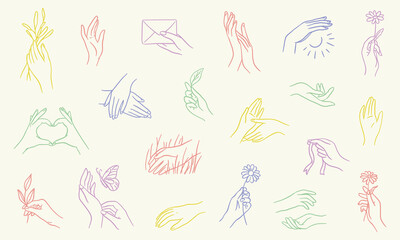 Minimalist vector set of hands with flowers, gestures, nature and love symbols. Line art outline illustration in colorful linear style.