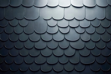 Dark, curved shingles create a unique textural pattern on a building's facade, gently illuminated to highlight their details