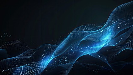 Abstract dark background with flowing, luminous blue waves composed of countless tiny particles, creating a dynamic and ethereal effect