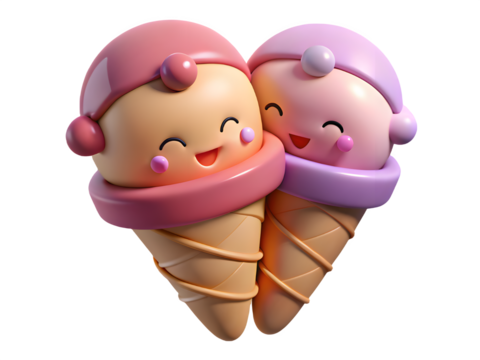 Cute cartoon ice cream cones hugging with happy faces