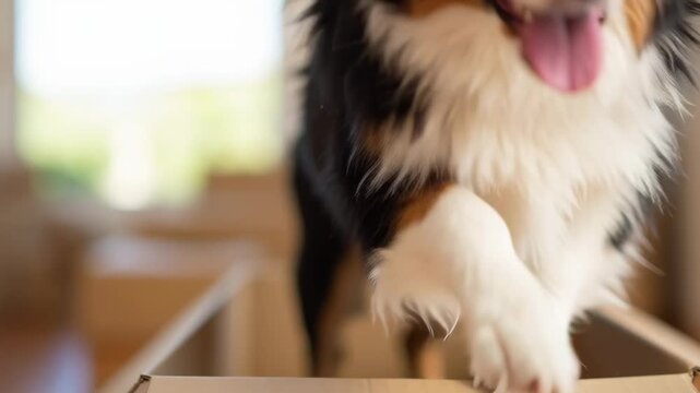 Happy australian shepherd dog sitting inside a cardboard box during a home relocation, moving house footage.