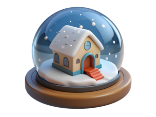 Charming miniature house inside a snow globe with falling snow