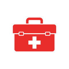 Obraz premium Red first-aid kit icon with a white cross, signifying medical supplies and emergency preparedness.