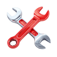 Two crossed wrenches, one red and one silver, isolated on transparent background