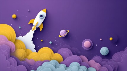 Colorful Rocket Launching Into Space Among Planets and Clouds in a Whimsical Design
