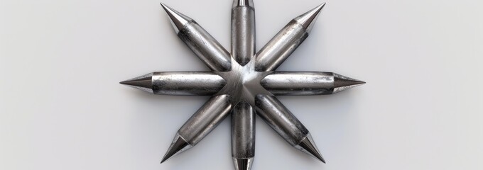 A stylized, metallic, eight-pointed star with pointed ends against a plain white background