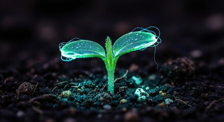 Dew-Kissed Seedling Emerging in Dark Soil with Gossamer Threads