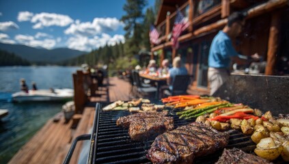 Lakeside barbecue with a family