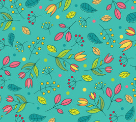 Various Branches, Flowers, Leaves, Berries. Hand drawn Vector illustration. Fresh green. Square repeating design for fabric, textile, wrapping paper. Colorful Seamless Pattern, Wallpaper, Background