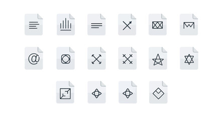 Collection of diverse digital icons representing various concepts and symbols on document pages.