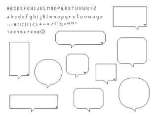 collection set of retro game 8 bit line pixel speech bubble balloon with alphabet black and white color, flat design vector illustration
