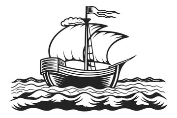 Black silhouette reveals an ancient sailing ship conquering turbulent waves across a vast sea