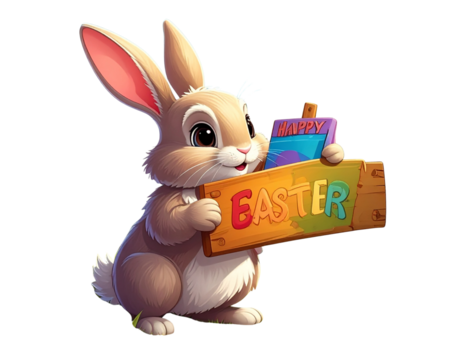 Adorable Bunny with Easter Greeting Board Isolated on Transparent Background PNG