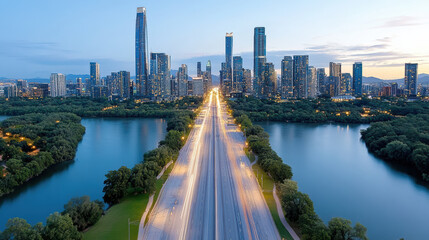 Fototapeta premium Bright city skyline with modern buildings, river, and illuminated road at dusk