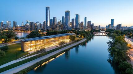 Naklejka premium Urban skyline, river view, modern architecture, cityscape, evening light