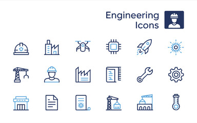 Collection of engineering and construction themed line art icons in blue and black Keywords: engineering icons, construction icons, hard hat icon, factory icon, drone icon, CP
