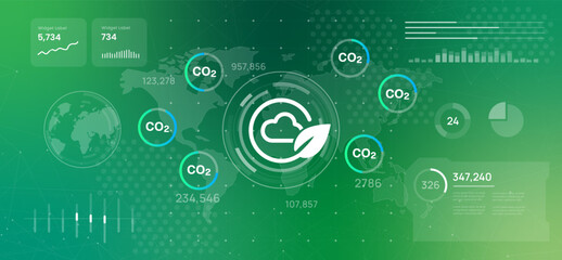 CO2 futuristic digital dashboard displaying global data on carbon emissions high tech interface features icons representing carbon sustainability and climate change monitoring