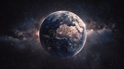 Fototapeta premium Earth in Space A Stunning View of Our Planet Against the Milky Way Galaxy