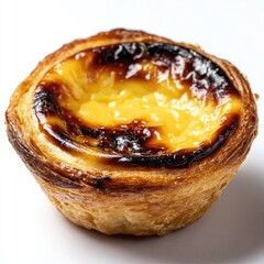 A single, golden-brown pastry tart with a custardy filling, exhibiting a slightly caramelized top and flaky crust, rests on a stark white background