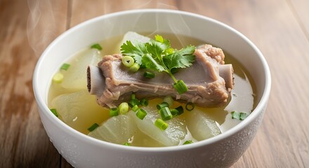 Winter Melon Soup with Pork Ribs and Coriander in a White Bowl on a Wooden Table.